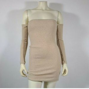 MESHKI Beige Ribbed Daidra Off Shoulder Dress - S